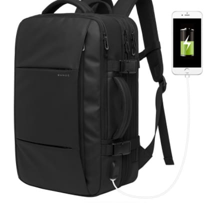 Black fabric Bange 16 inch waterproof laptop travel backpack with multiple zippers and built-in usb charging port.