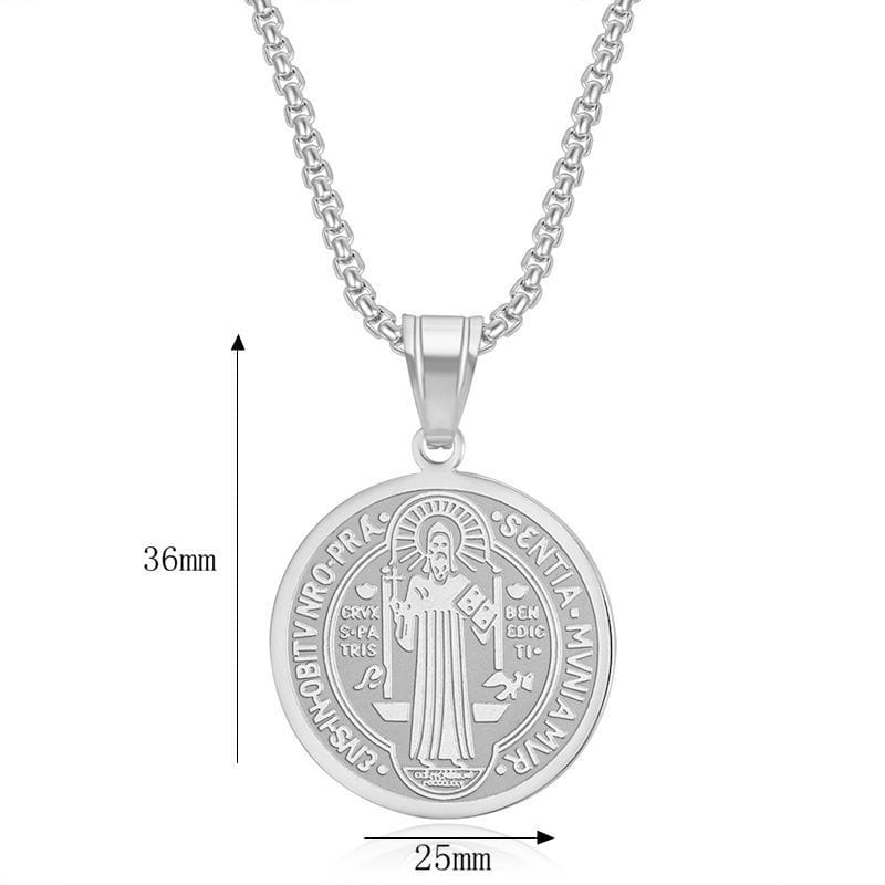 Stainless steel Saint Benedict medal pendant necklace featuring a silver pendant with engraved religious imagery and Latin inscriptions suspended on a matching silver chain.