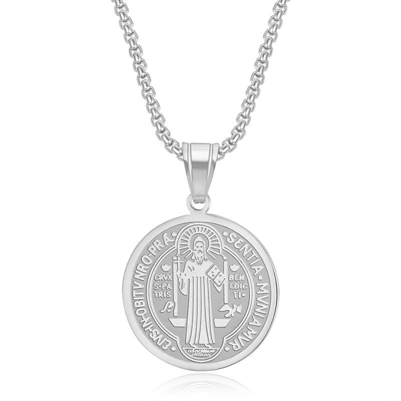 silver saint benedict medal pendant necklace in stainless steel with engraved religious imagery and latin inscriptions on a matching chain