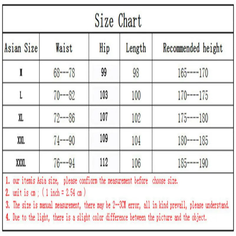 Size chart table for men’s athletic training jogger pants in Asian sizing showing waist, hip, length measurements and recommended height ranges from M to XXXL.