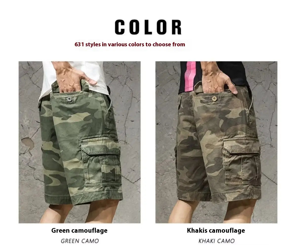 Shorts cargo en coton à coupe décontractée pour homme, camouflage vert et kaki, dotés de multiples poches et d’une confection en tissu durable.