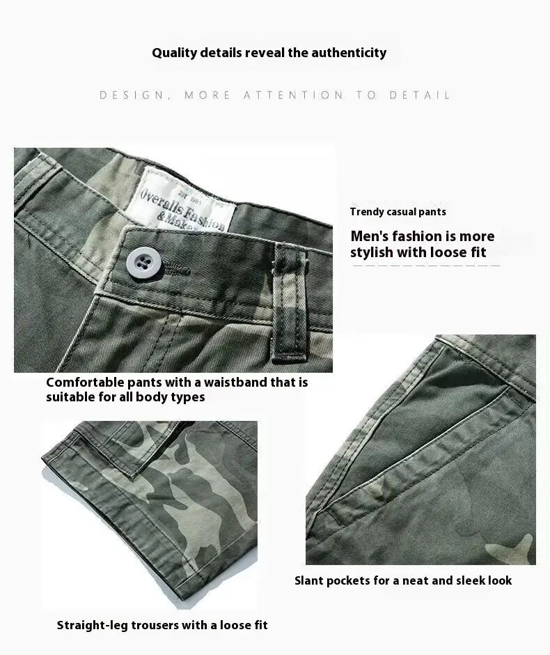 Shorts cargo en coton à coupe décontractée pour homme, camouflage vert foncé, avec une coupe droite à jambes amples et des poches latérales à motifs camouflage à fermeture par bouton.