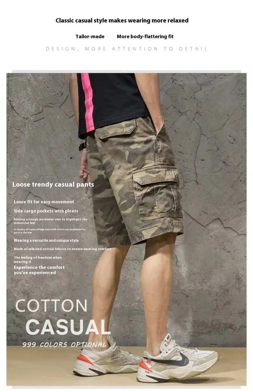 Shorts cargo en coton à coupe décontractée pour homme, avec poches latérales et plis.