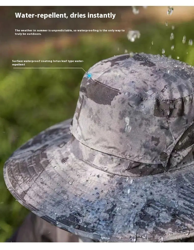 Gray camouflage-patterned solar fan sun hat with a wide brim and water-repellent surface coating designed for outdoor fishing.