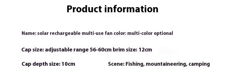 Solar rechargeable multi-use fan sun hat with adjustable cap size and 12cm brim available in multiple colors for outdoor fishing and sun protection.