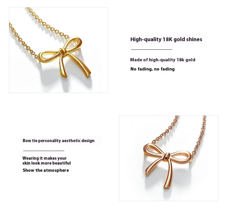 A delicate gold bow-shaped pendant necklace crafted from high-quality 18k gold with a shiny elegant finish for a Korean style bow pendant gold and silver clavicle necklace.