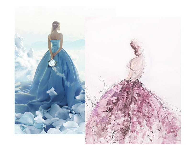 a flowing strapless royal blue ball gown with a voluminous skirt and delicate lace detailing paired with a korean style bow pendant gold and silver clavicle necklace