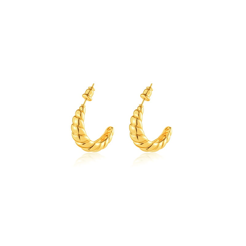 Polierte Ohrringe aus gedrehtem Gold mit kreisförmigem Reifen, bestehend aus einer goldfarbenen, gedrehten Seil-Designvariante mit polierter, strukturierter Oberfläche.