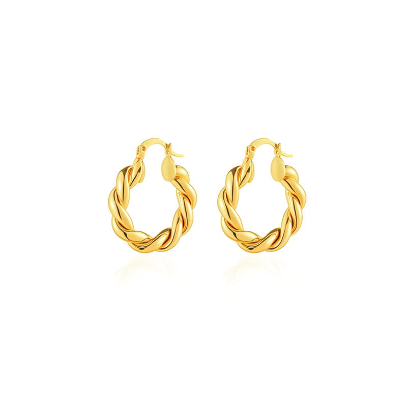 Polierte Ohrringe aus gedrehtem Gold mit kreisförmigem Reifen, bestehend aus einem geflochtenen Design und einem sicheren Verschluss.