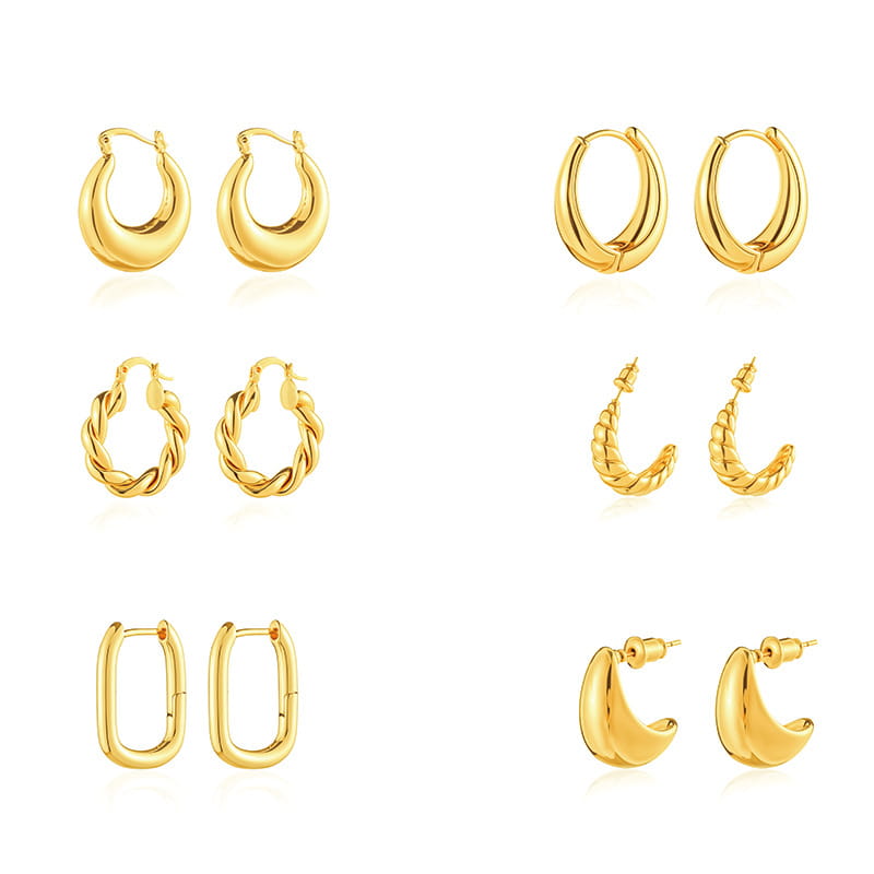 Polierte Ohrringe aus gedrehtem Gold mit kreisförmigem Reifen, bestehend aus goldfarbenen glatten, gedrehten und rechteckigen Designs in verschiedenen Ausführungen.