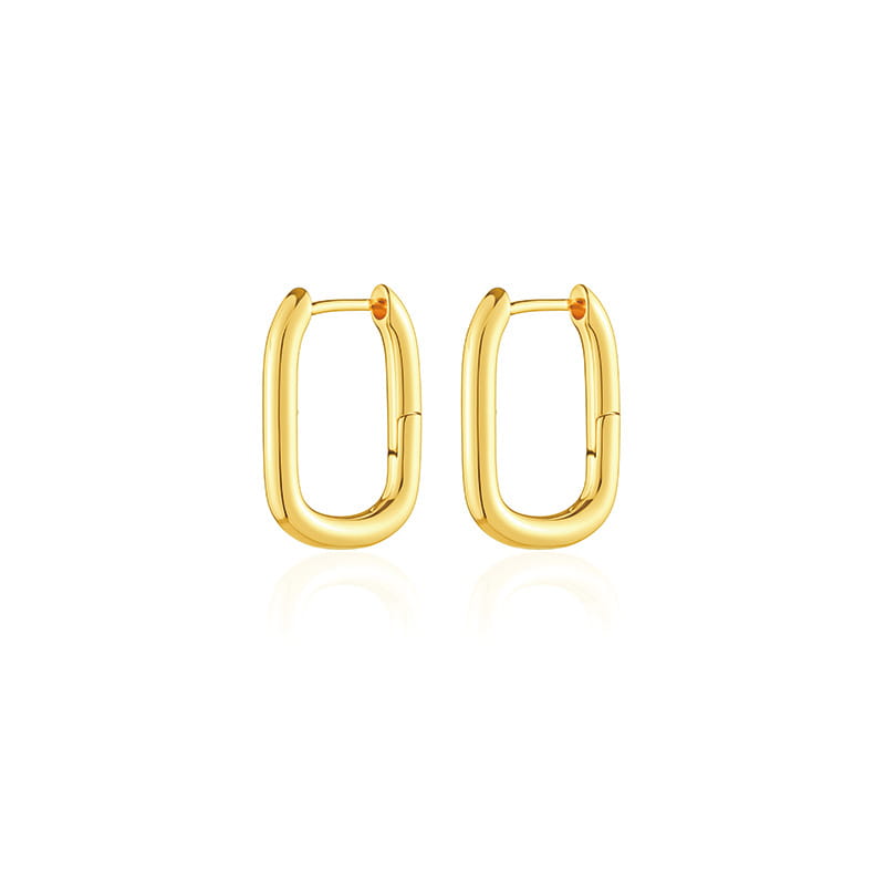 Polierte Ohrringe aus gedrehtem Gold mit kreisförmigem Reifen: goldfarbene rechteckige Reif-Ohrringe mit einer schlanken minimalistischen Gestaltung.