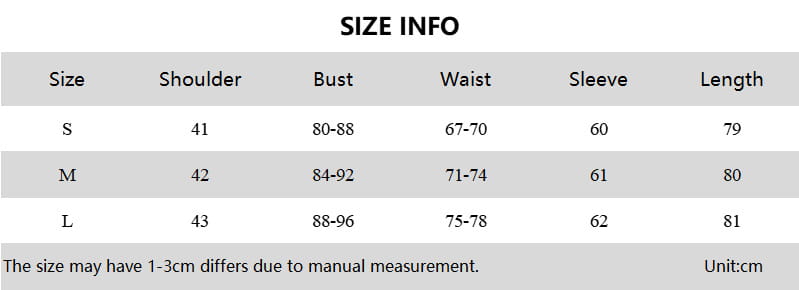 Guide des tailles de la robe mini blazer à manches longues et décolleté plongeant en V, volante, présentant les mesures du vêtement en centimètres pour les tailles S, M et L.