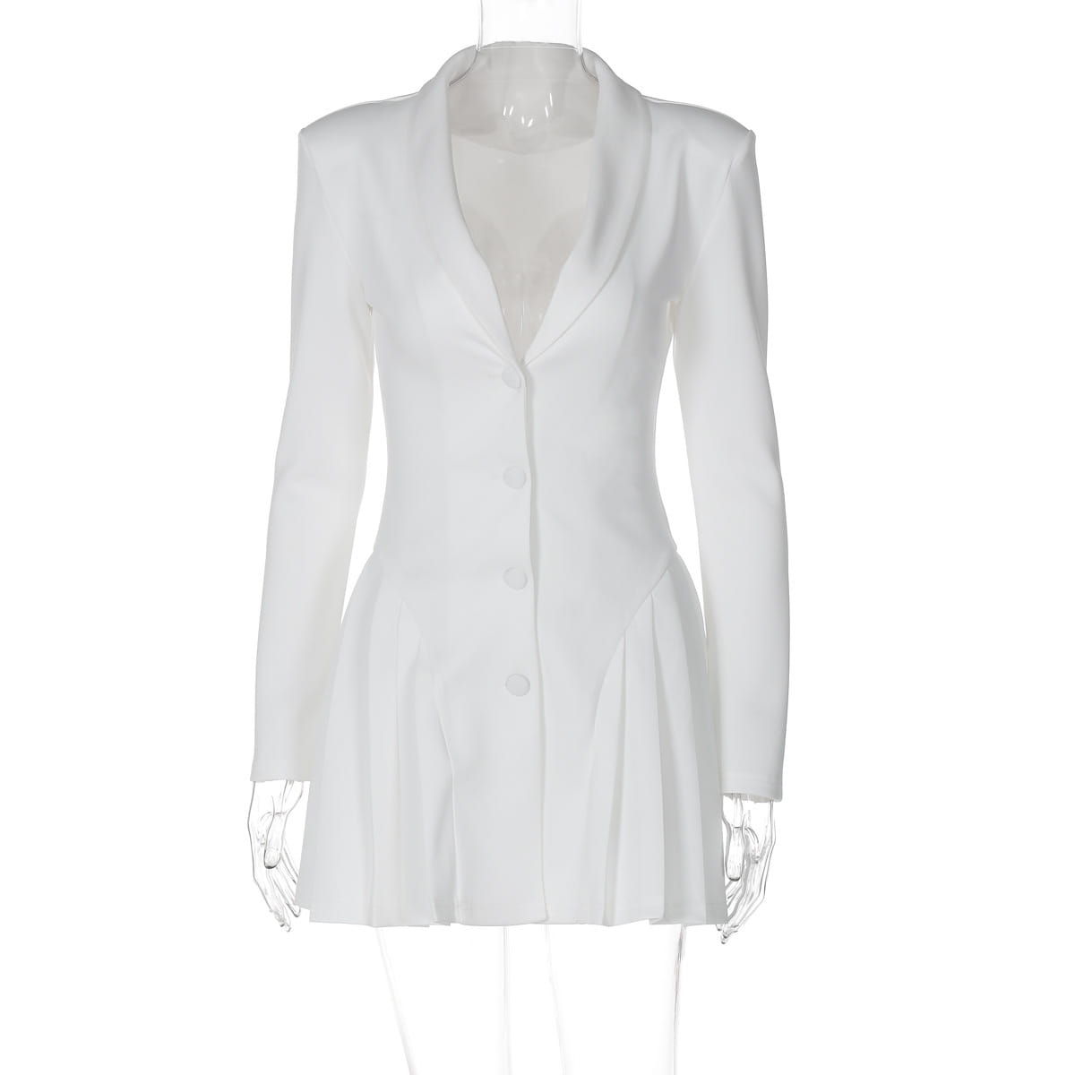 Robe blanche façon blazer, coupe ajustée, avec jupe plissée et fermeture boutonnée sur le devant, présentant un décolleté plongeant en V et des manches longues.