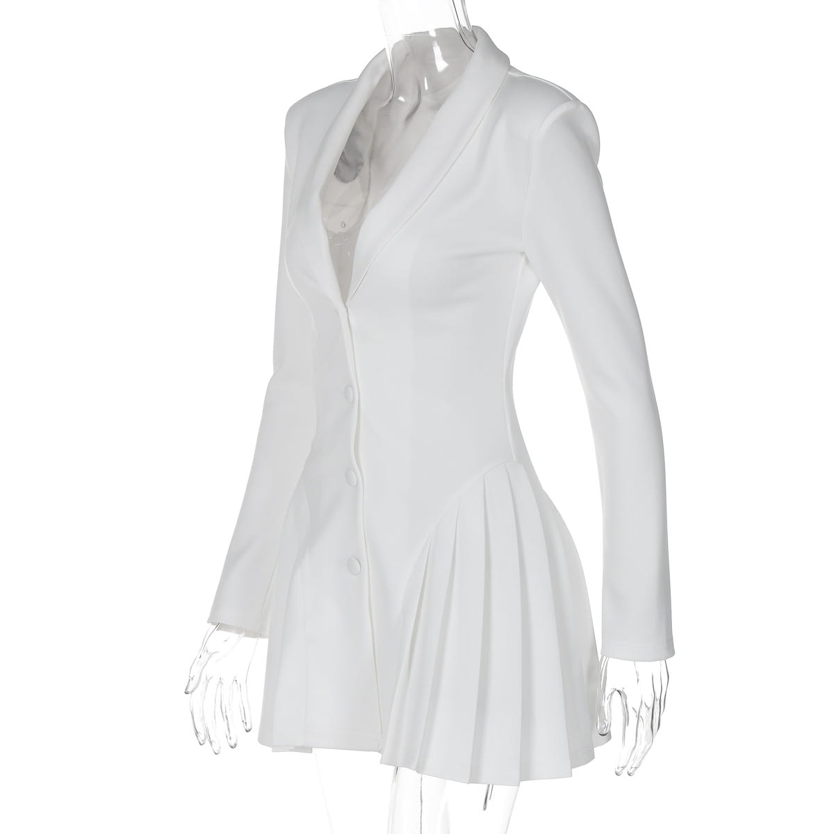 Robe blanche façon blazer, en blanc, avec jupe plissée et design à boutons sur le devant, comprenant un décolleté plongeant en V et des manches longues.