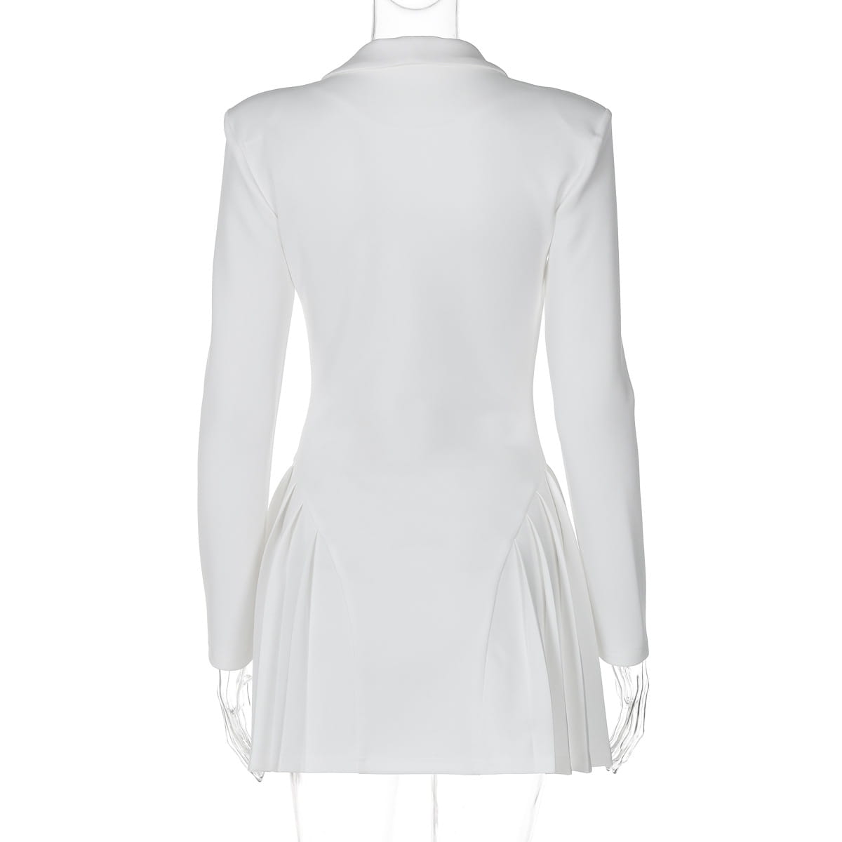 Robe blazer blanche à manches longues, coupe ajustée, jupe plissée et volants au décolleté plongeant en V pour une tenue formelle élégante