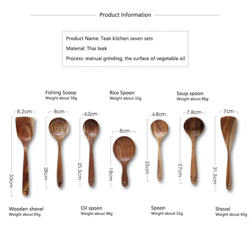 Juego de siete utensilios de cocina de madera de teca tailandesa artesanal, con acabado suave tratado con aceite y vetas naturales de la madera para uso en la cocina.