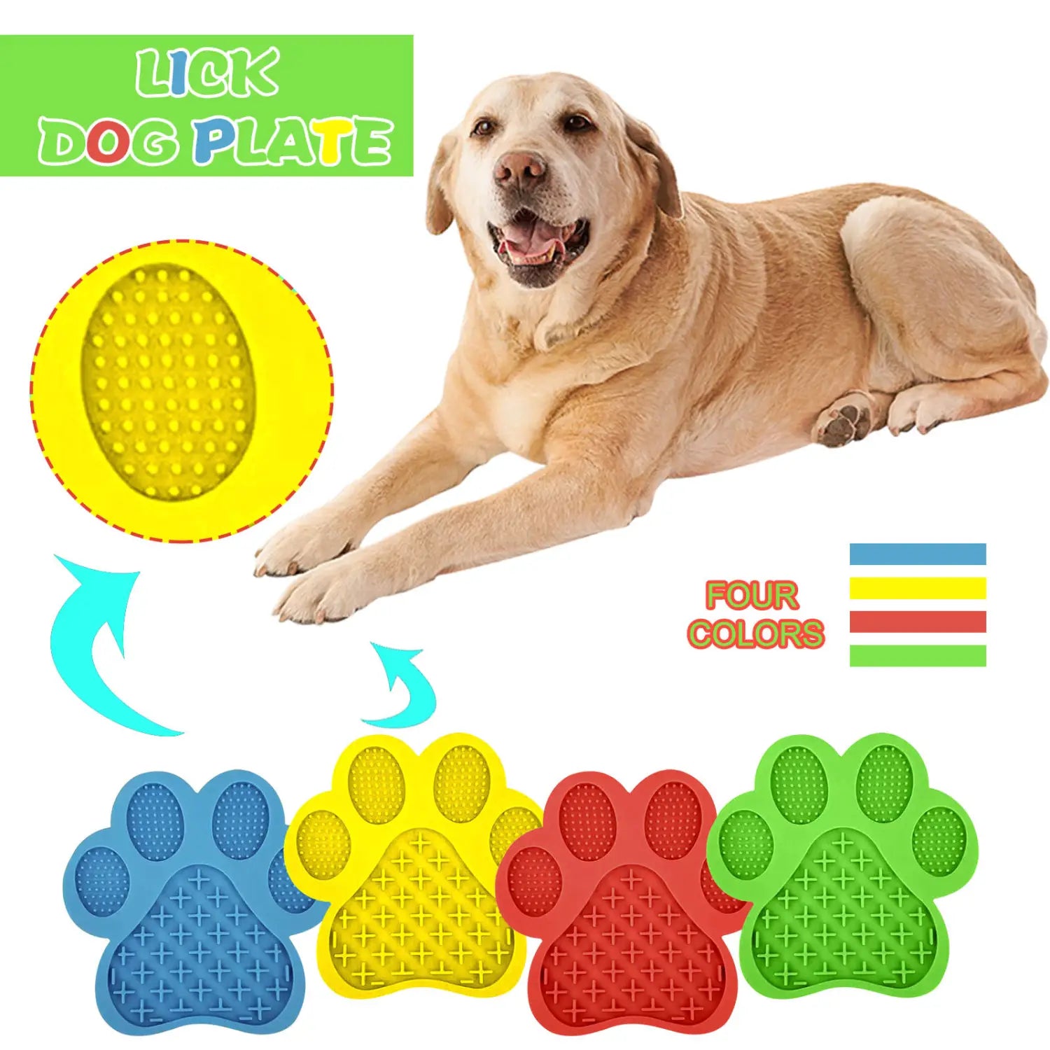 Yellow silicone dog bath lick pad grooming mat shaped like a paw for pet grooming and calming.