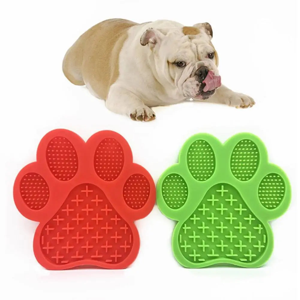 silicone dog bath lick pad grooming mats in red and green with paw shapes and textured silicone surfaces for nail trimming and scratching