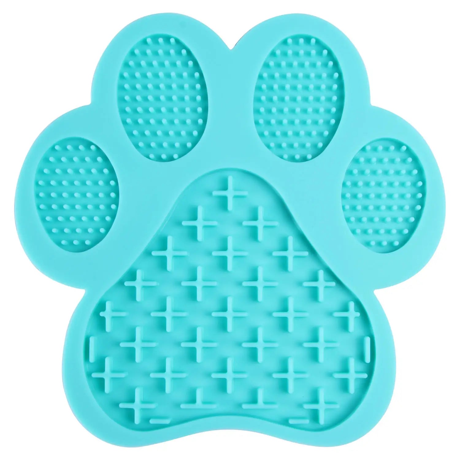 A turquoise silicone dog bath lick pad grooming mat shaped like a paw with textured surfaces for scratching and massaging.