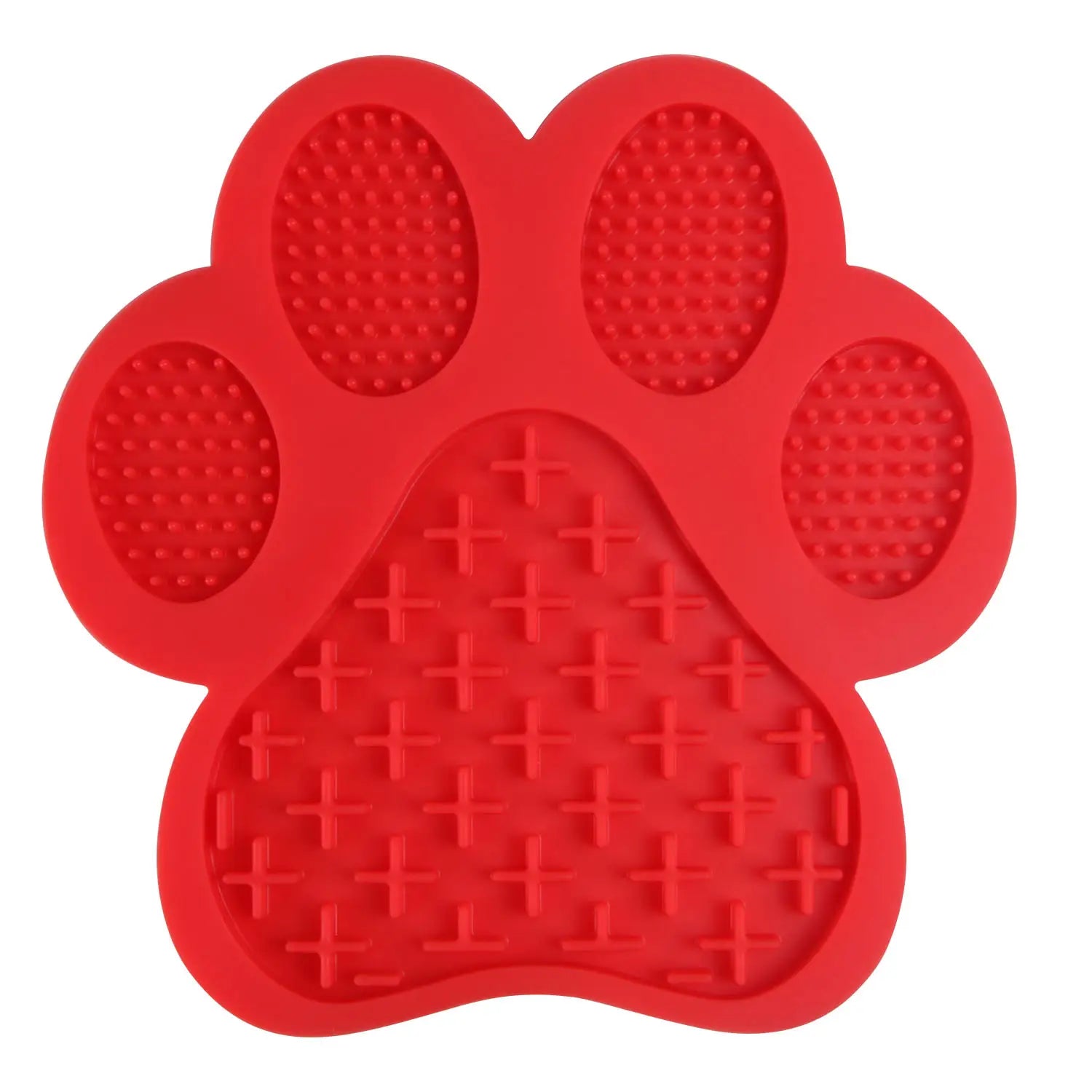 Red silicone dog bath lick pad grooming mat shaped like a paw with textured surfaces for scratching and massaging pets.