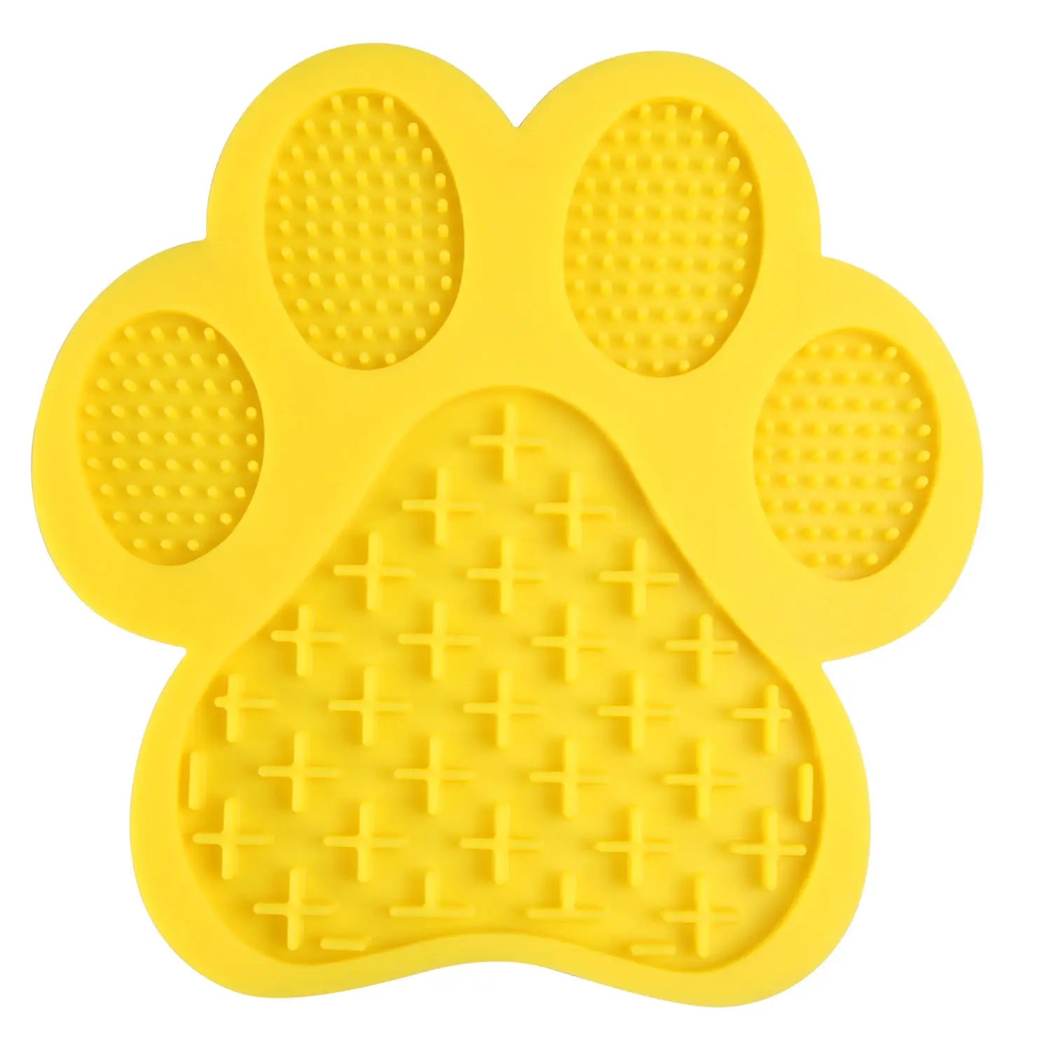 Bright yellow silicone dog bath lick pad grooming mat with paw shape and textured surfaces for scratching and massaging pets.