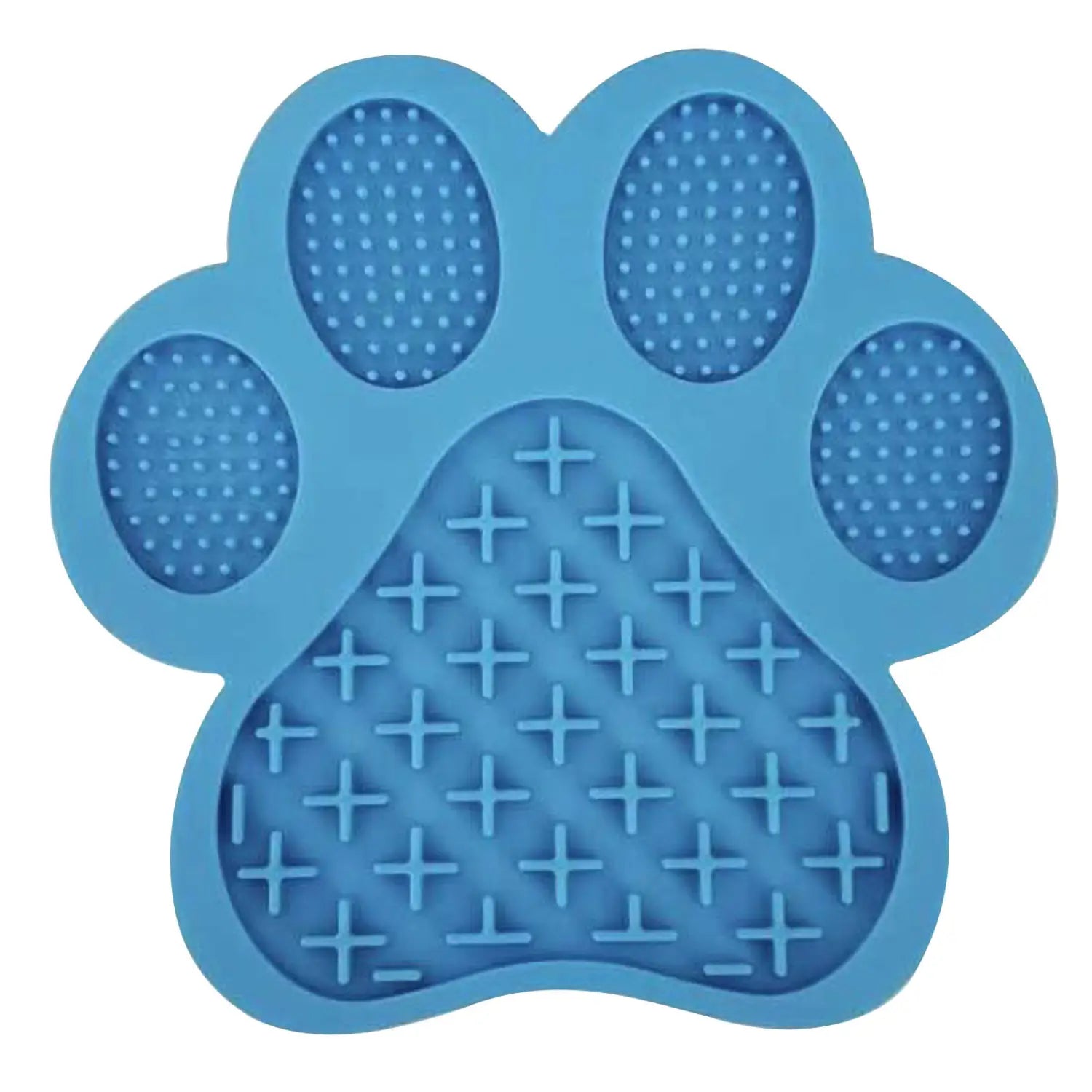 Blue silicone dog bath lick pad grooming mat with paw-shaped design and textured surfaces for scratching and massaging pets