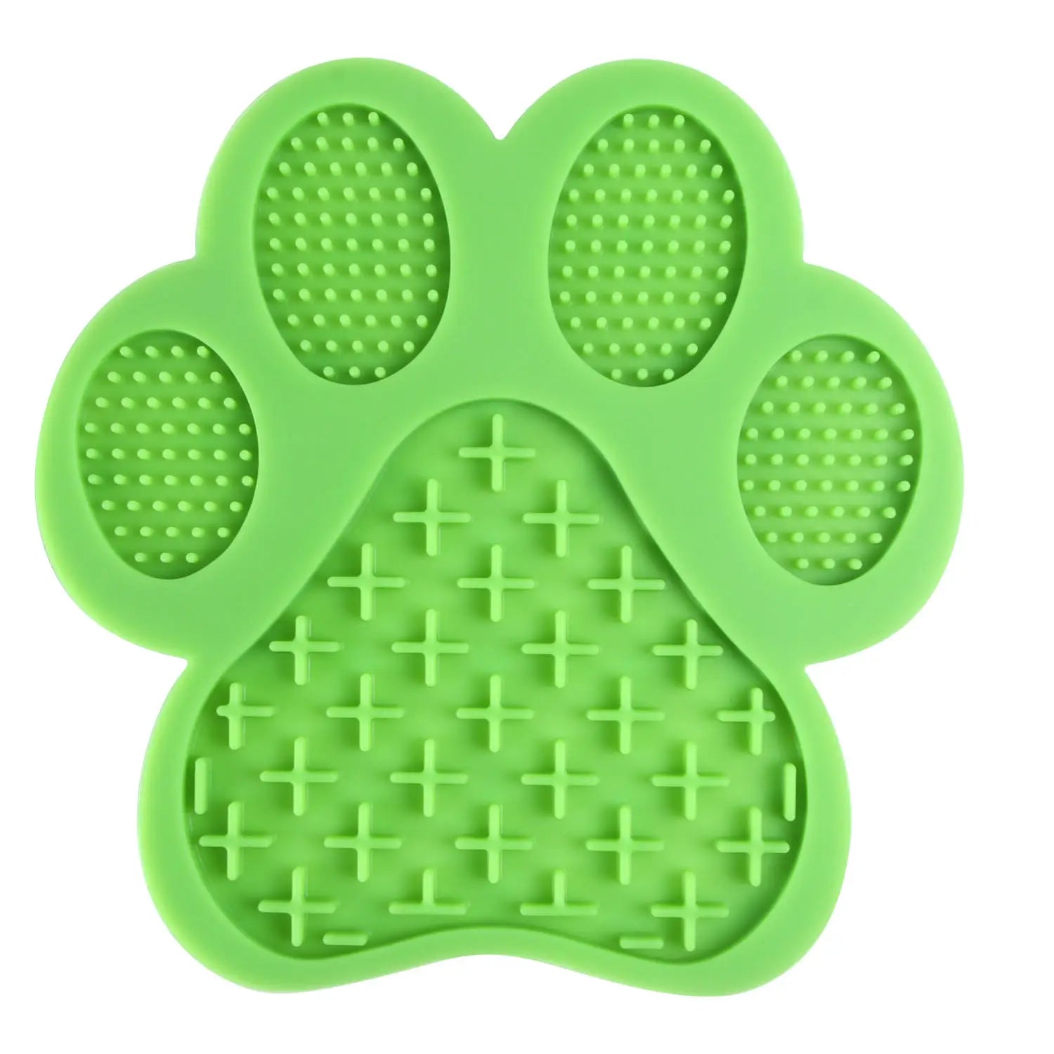 Bright green silicone dog bath lick pad grooming mat shaped like a paw with textured surfaces for scratching and massaging pets.