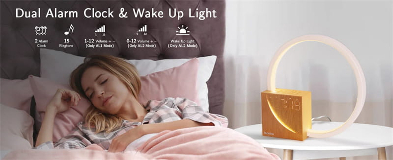 Gold-colored rectangular alarm clock with a circular LED light ring above it designed as a LED bedside lamp with alarm clock and natural sounds.