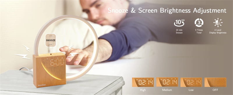 Golden rectangular led bedside lamp with alarm clock and natural sounds featuring a circular ring and digital display showing 6 00