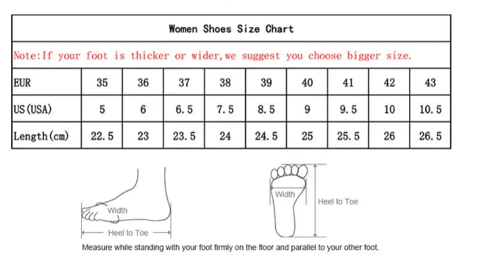 Women sandals animal print flat thong strappy shoes size chart showing measurements in EUR, US, and centimeters with diagrams for measuring foot width and heel-to-toe length.