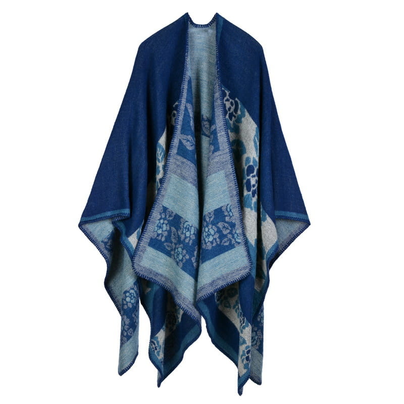 Cape en laine à carreaux surdimensionnée avec une étole en laine à motif floral bleu marine et bleu clair, conçue pour des déplacements géométriques.