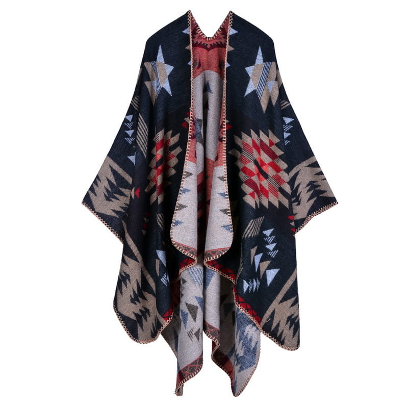 Cape en laine à carreaux surdimensionnée pour voyage géométrique en bleu foncé, beige et rouge, avec encolure en V en laine.