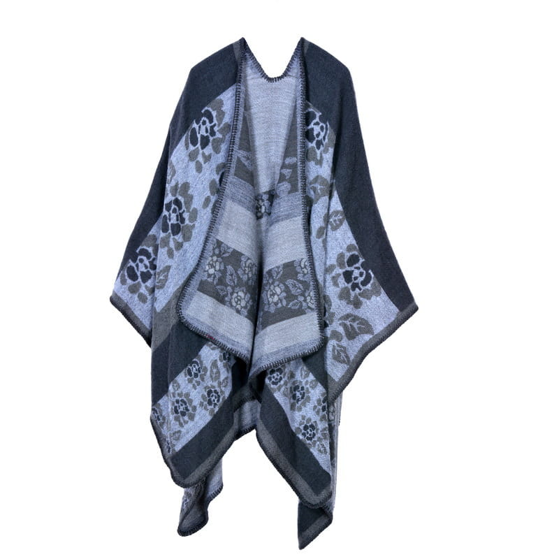 Cape en laine à carreaux surdimensionnée, présentant un poncho en laine texturé et floral en gris et noir, au style superposé et douillet pour les déplacements et une tenue décontractée.