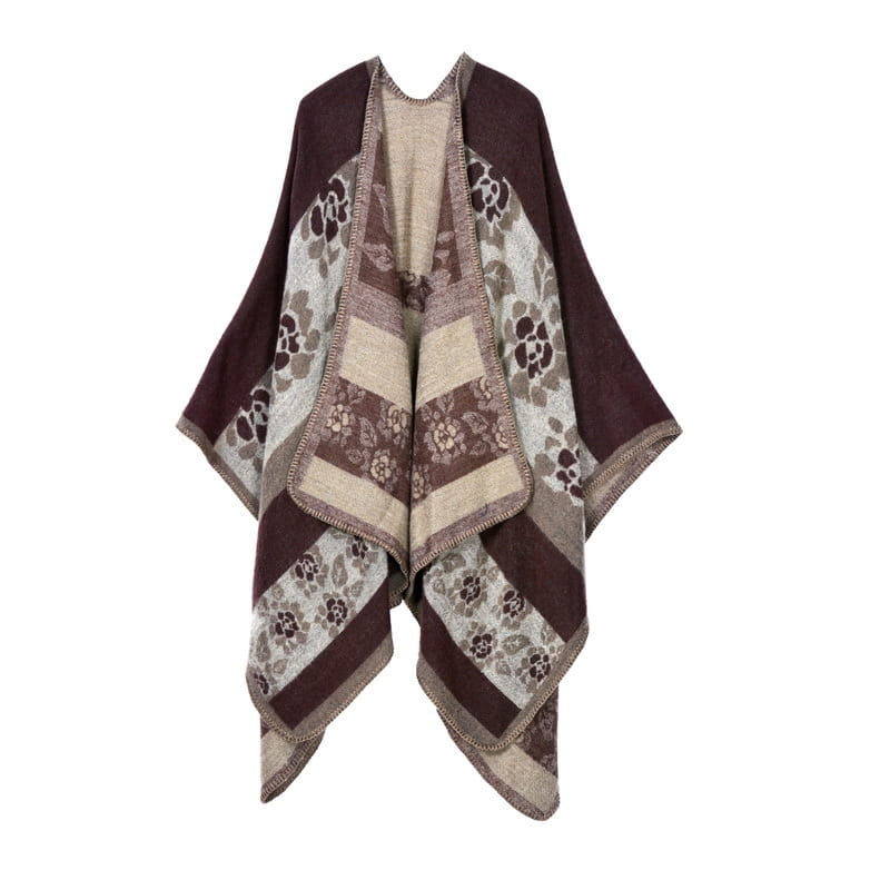 Cape en laine à carreaux surdimensionnée douillette, offrant un design en patchwork aux tons de la terre avec des motifs floraux dans des tons de brun et de beige, idéale pour les déplacements.