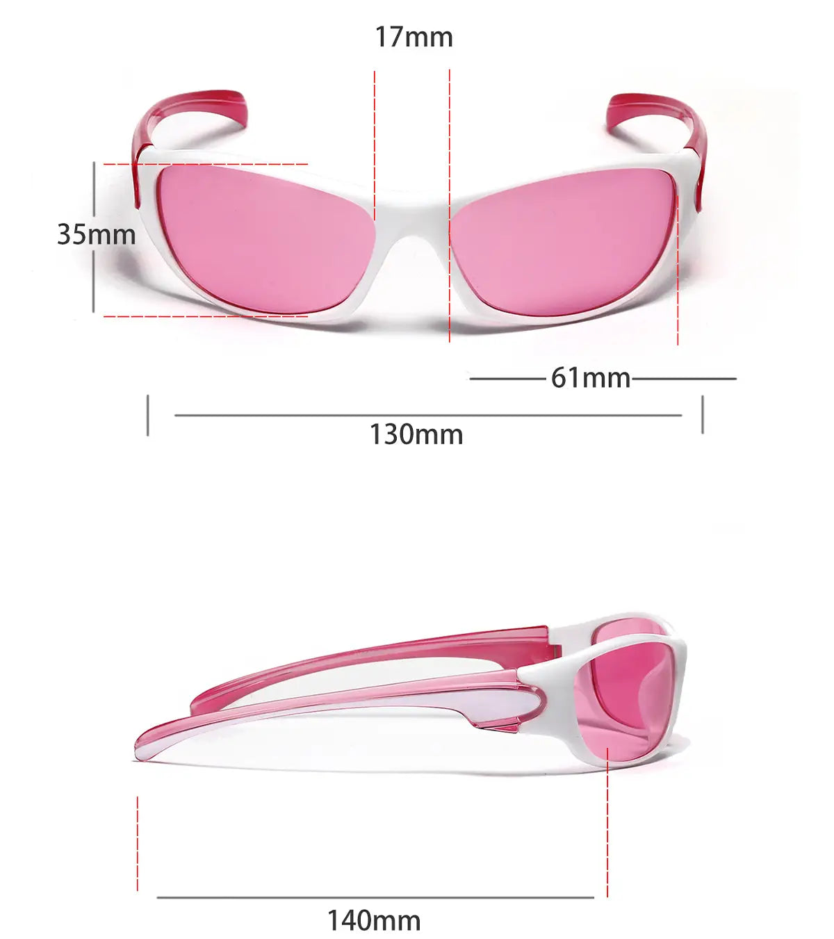 Weiße und rosafarbene Kinder-Cyberpunk-Metallschild-Sonnenbrille mit PC-Gläsern und schlankem modernem Design.
