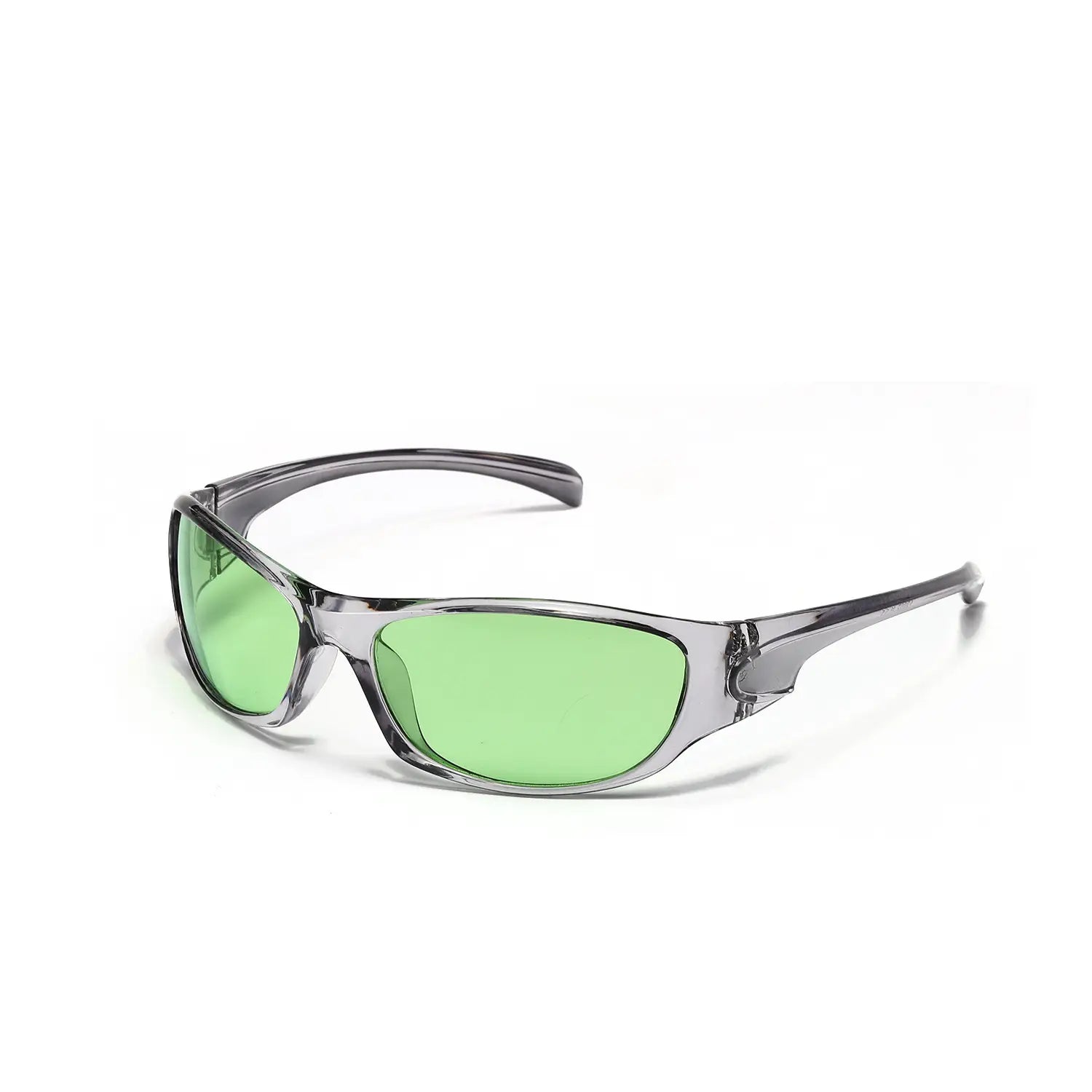Cyberpunk-Metallschild-Sonnenbrille mit klaren grauen Fassungen und kräftig grünen PC-Gläsern.