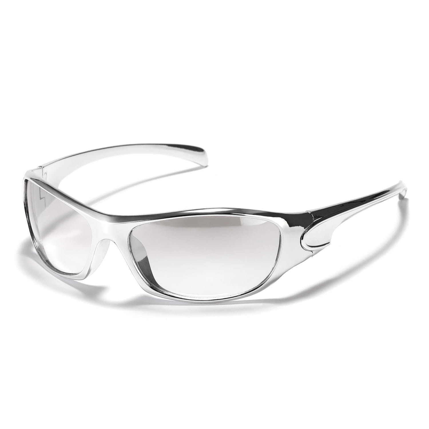 Silberfarbene Cyberpunk-Metallschild-Sonnenbrille mit klaren PC-Gläsern und schlankem modernem Design.