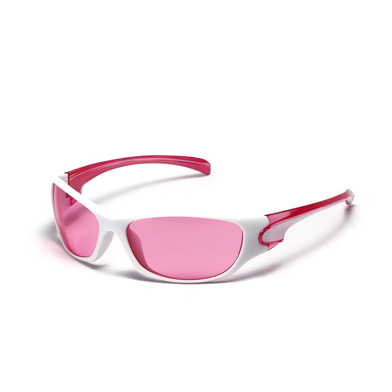 Rosa- und weißfarbene Cyberpunk-Metallschild-Sonnenbrille mit PC-Gläsern und schlankem modernem Design.