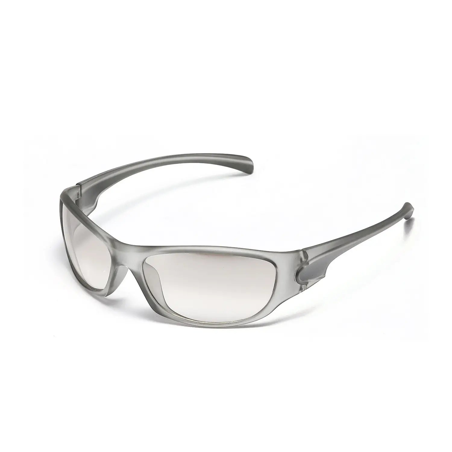 Graue Schutzbrille aus Kunststoff im Cyberpunk-Stil mit Metallschild, PC-Klargläsern und schlankem modernem Design