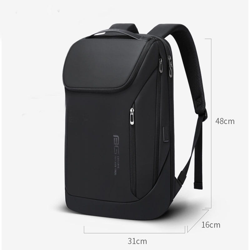 Men’s black nylon laptop travel backpack with usb charging port featuring silver zippers and a subtle brand logo on the side.