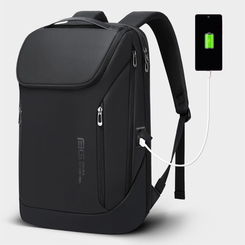 Black sleek men’s laptop travel backpack with multiple zippers and a built-in USB charging port designed for convenience and durability.