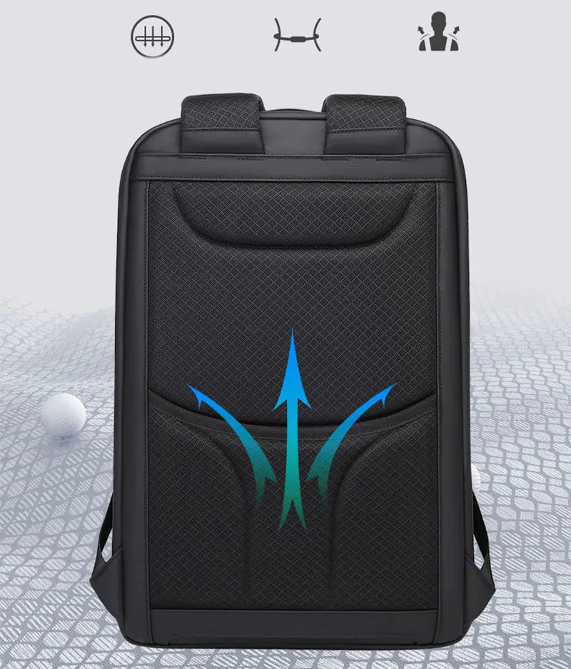 black textured men’s laptop travel backpack with usb charging port featuring a blue and green arrow design on the front