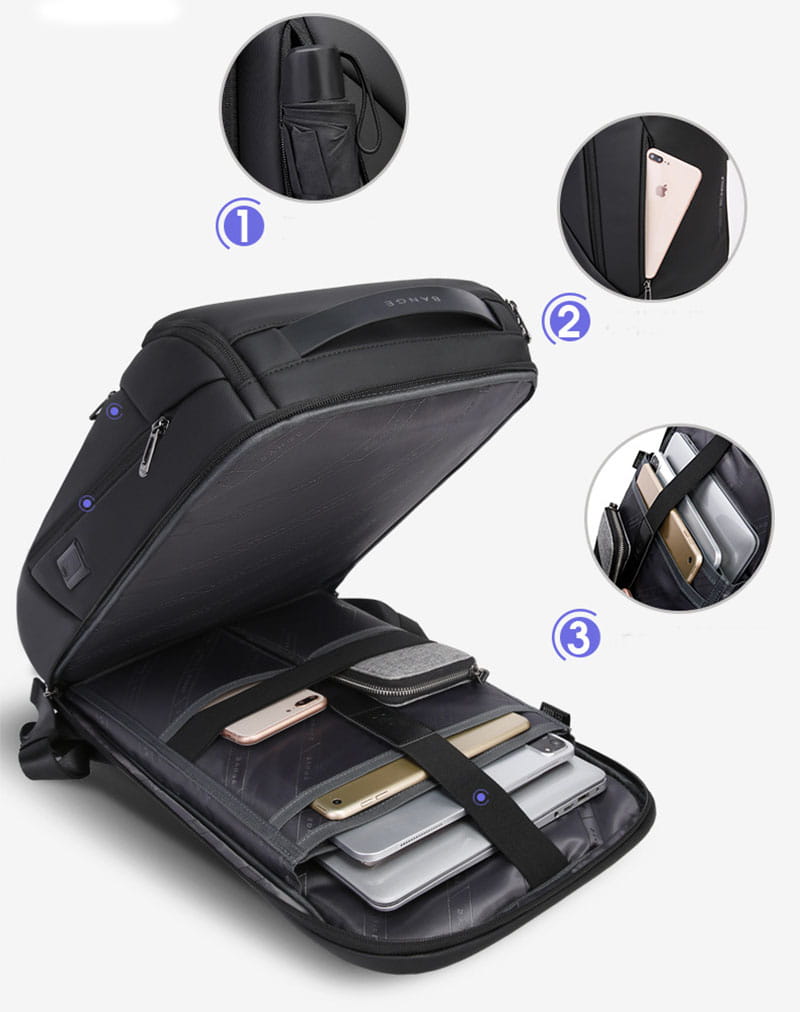 Black nylon men’s laptop travel backpack with usb charging featuring multiple compartments and padded phone slots.