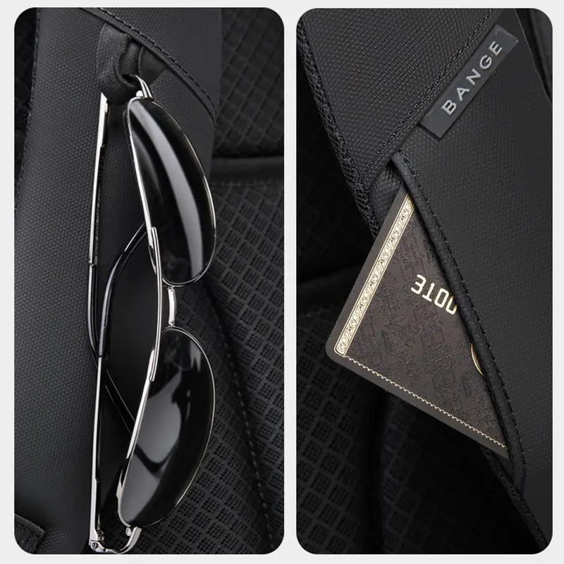 black aviator sunglasses with sleek metallic frames and glossy lenses hanging from the strap of a black men’s laptop travel backpack with usb charging feature
