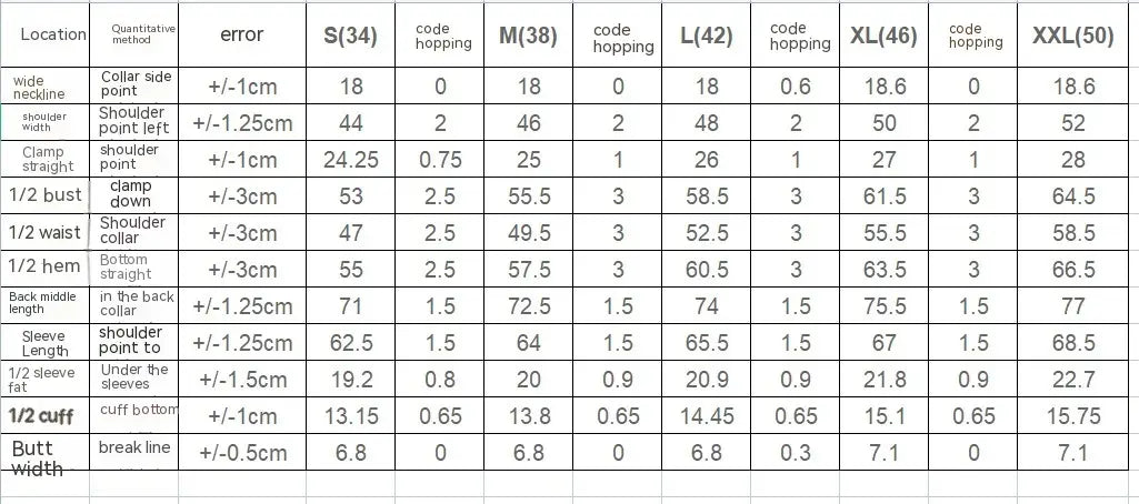 A detailed size chart displaying measurements in centimeters for a men plaid blazer slim fit British style jacket from size S to XXL.
