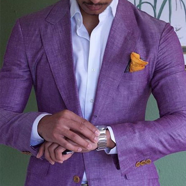 Men plaid blazer slim fit British style jacket featuring a purple textured fabric with gold buttons and a matching pocket square.