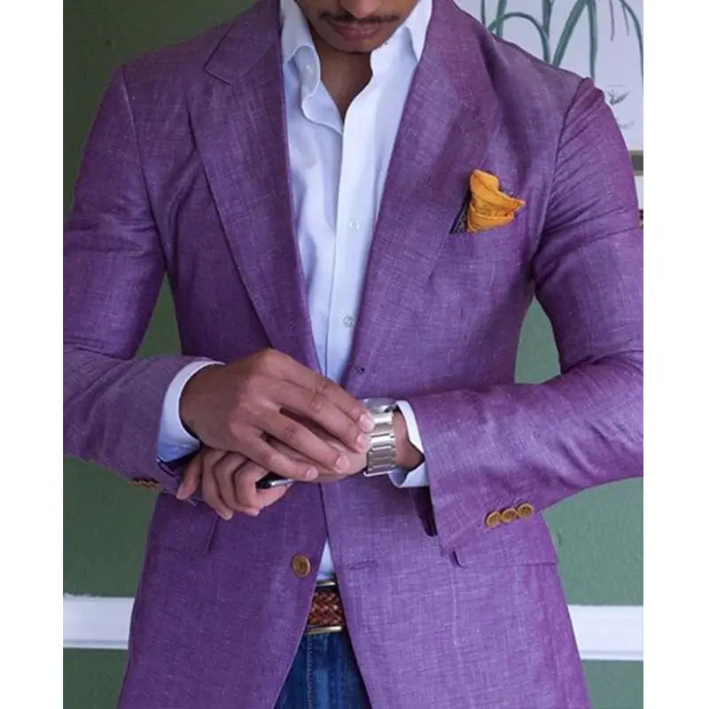 Purple textured linen men plaid blazer slim fit British style jacket with gold buttons and contrasting orange pocket square.