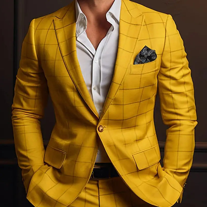 Chaqueta del traje entallado para hombre con rayas en un vibrante color amarillo, con un marcado patrón de cuadros que presenta líneas negras sutiles y botones a juego