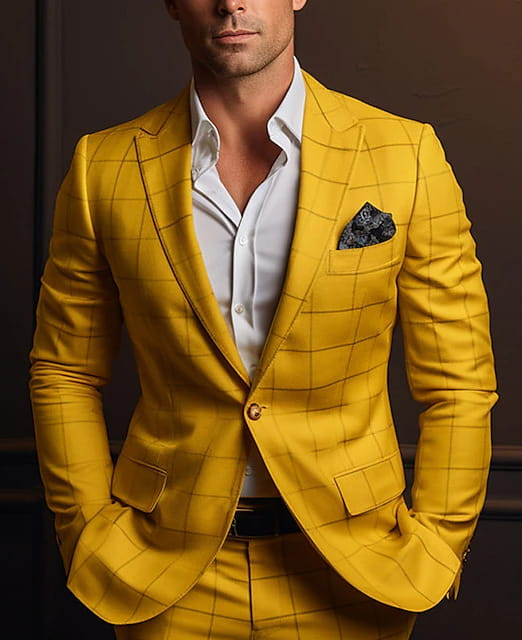 Chaqueta del traje entallado para hombre con rayas en un brillante patrón de cuadros amarillo, combinada con pantalones a juego, con una camisa blanca impecable y un pañuelo de bolsillo oscuro con patrón.