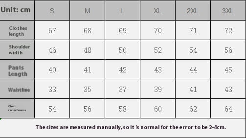 Size chart in centimeters for men knit short sleeve shirt and shorts set displaying measurements from size s to 3xl.
